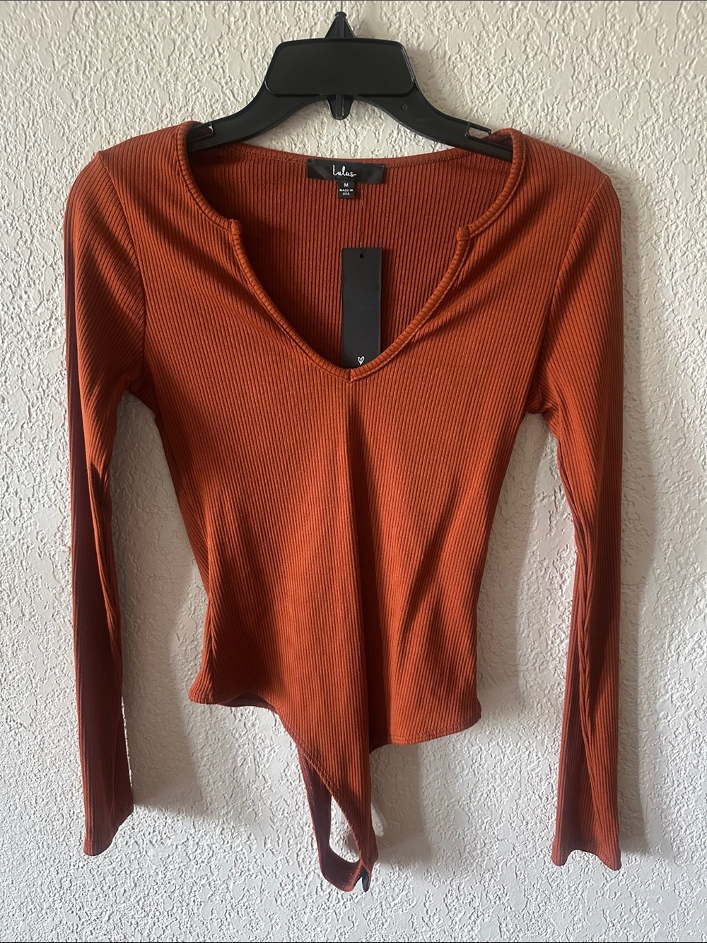 Lulu's Rust Ribbed Long-Sleeve Bodysuit